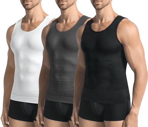 Image of 3 Pack Compression Shirt Men Body Shaper Vest Workout Tank Top | Tummy Control Slimming Undershirts,Gym Shapewear for Mens,Hides Man Boobs