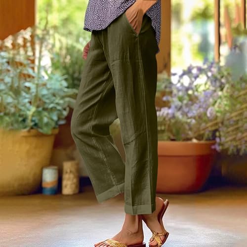 SMIDOW Women Plus Size High Waisted Cropped Linen Pants