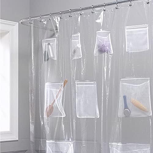 Cedmon Waterproof Fabric Shower Curtain or Liner with 9 Storage Pockets Bathroom Shower (Clear)