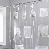 Cedmon Waterproof Fabric Shower Curtain or Liner with 9 Storage Pockets Bathroom Shower (Clear)
