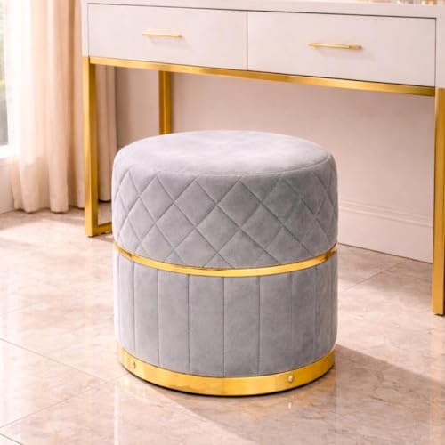 Image of Premium Velvet Ottoman Stool with Gold Base | Round Puffy Footrest with Diamond Quilting | Soft Seating for Living Room, Bedroom & Dressing Area (Set of 2 Silver Grey)