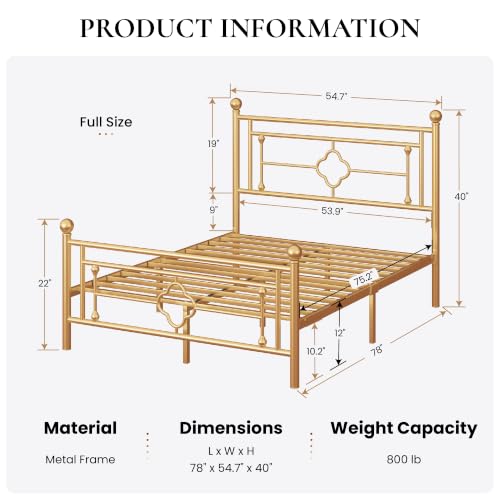 Image of SHA CERLIN 14 Inches Full Size Metal Platform Bed Frame /Vintage Iron-Art Headboard and Footboard /Mattress Foundation for Storage /No Box Spring Needed /Noise-Free /Easy Assembly /Gold