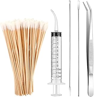Tonsil Stone Removal Set Includes 2 Stainless Steel Tonsil Stone Removal Tools, 1 Stainless Steel Elbow Tweezers and 100 Long Swabs with 1 Curved Irrigator Syringe to Get Rid of Bad Breath