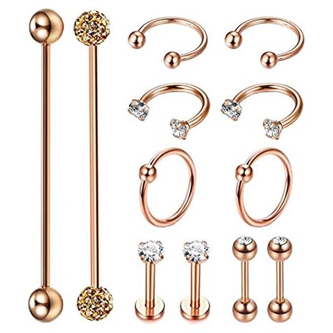 Masedy 12Pcs Stainless Steel Industrial Barbell Cartilage Piercing Earrings for Women Men Hoop Helix Tragus Labret Piercing B-Rose Cover