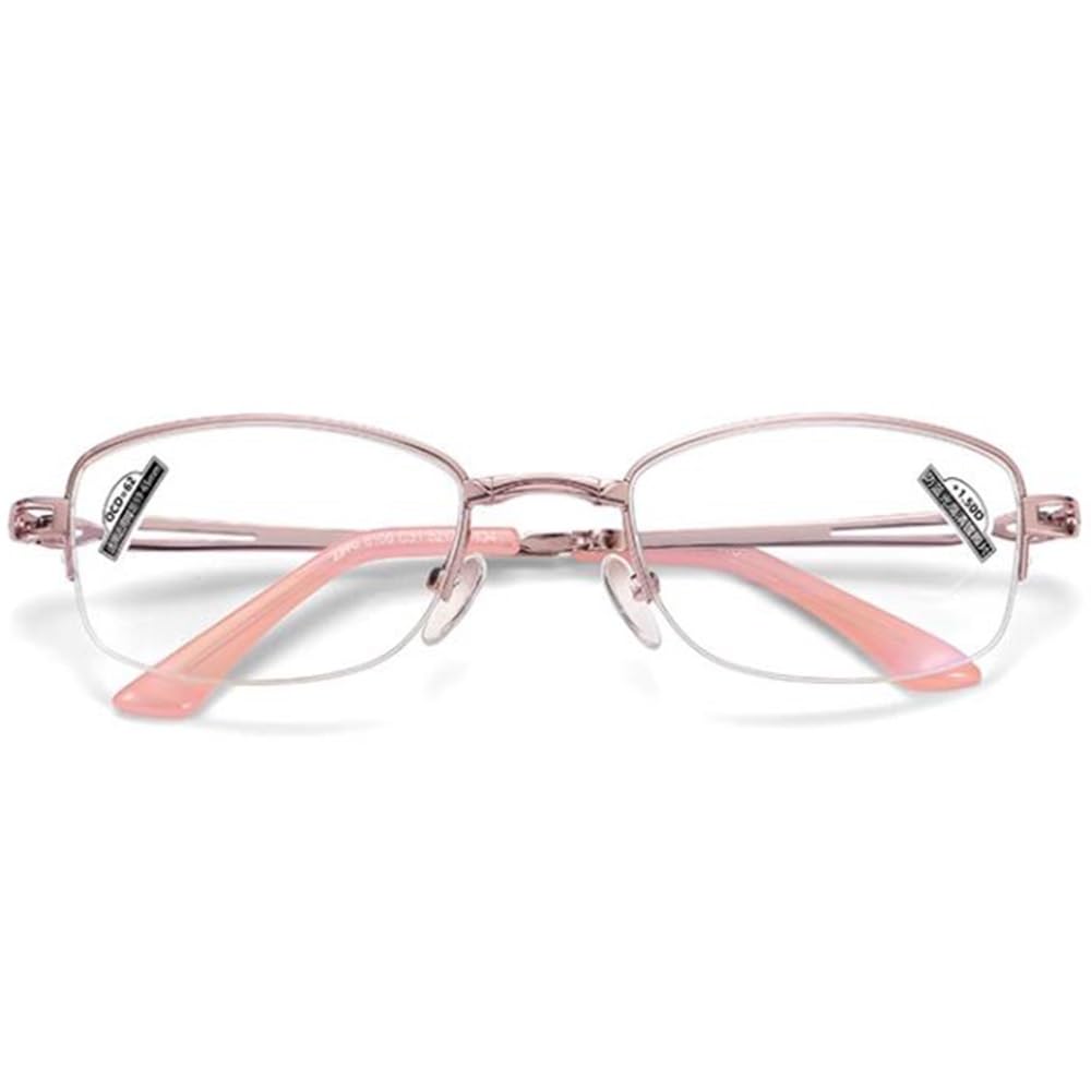 Plegables Gafas de lectura Ligeras Reading Eyeglasses Portátil Mujeres Reading Eyeglasses rosado Rectangulares metal Medio marco2.5