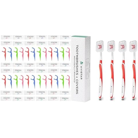 Avistar Dental Care Bundle: 150 Individually Wrapped Floss Picks (Multi-color) & 4 Medium Bristle Toothbrushes for Adults (Red) - Easy Grip & Convenient Oral Hygiene Kit for Travel, Hotels, & More Cover