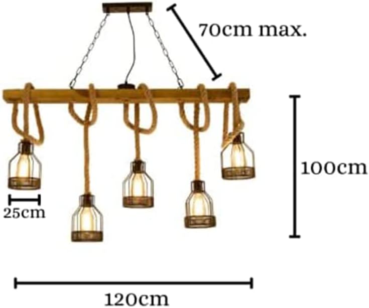 5-Light Industrial Farmhouse Linear Chaner, Rustic Wood Beam Rope Light with Black Metal Cage Shades, Adjustable for Kitchen Island Dining Room Bar