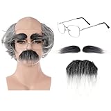 YKYUASD Old Man Wig and Accessories Costume Set Short Grey Bald Cap Grandpa Wig Glasses Funny Mustache Eyebrows for 100 Days of School Halloween Party Man Cosplay (Grey)