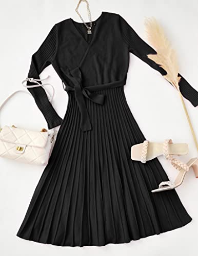 Zesica Women'S 2024 Fall Long Sleeve Wrap V Neck Ribbed Knit Pleated A Line Pullover Sweater Dress With Belt,Black,Small thumb #4