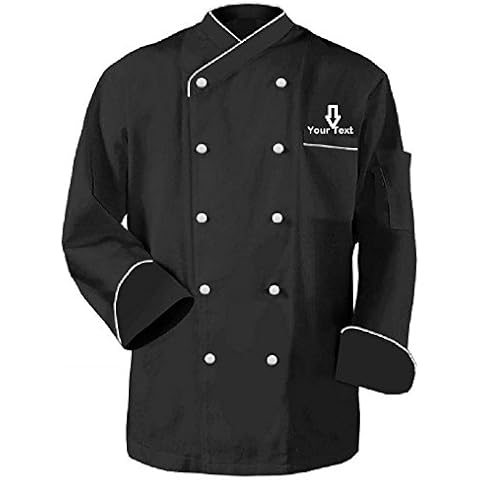 Name Embroidery Long Sleeve Classic Cook Chef Waiter Waitress Coat Uniform Jacket (XL (for Chest 44-45), Black) Cover