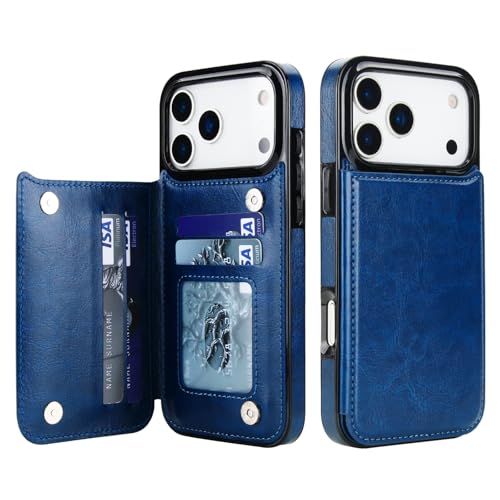 Housse iPhone 17 Pro Max en cuir PU premium bleu avec clapet magnétique de protection