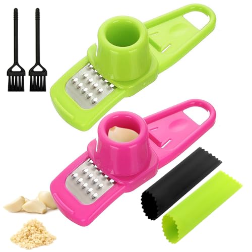 2 Molinillo De Ajo,2 Pelador De Ajo En Forma De Barril,prensa ajos,rallador de ajos, pelador,Pelador de ajos de silicona y cepillo para limpieza,cortador fácil de usar, fácil de limpiar y duradero