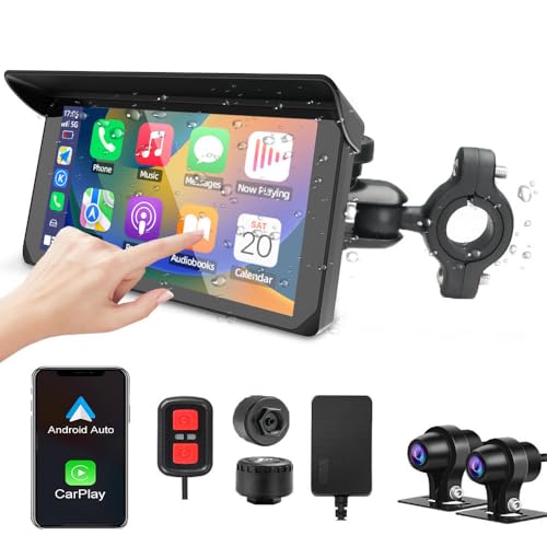 VSYSTO Motorrad Carplay Bildschirm, Kabelloses Carplay und Android Auto mit Dashcam Vorne Hinten 1080P für Moto, 5 Zoll Wasserdichter Touchscreen mit GPS Navigation, BT Audio,...