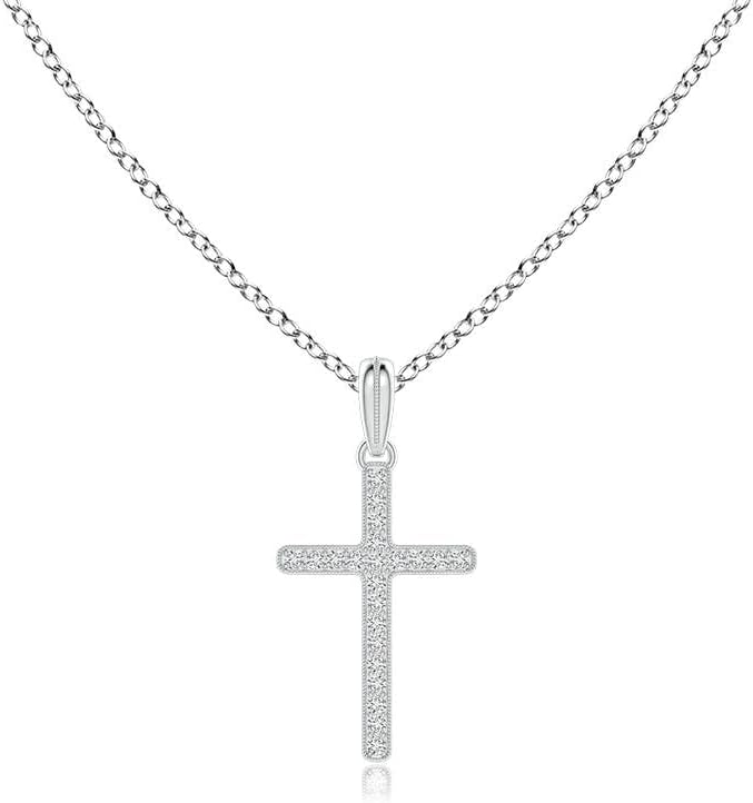 Angara Natural Diamond Cross Pendant Necklace for Women in 14K White Gold With 18" Chain | April Birthstone, Birthday, Engagement, Anniversary, Wedding Jewelry Gift for Women