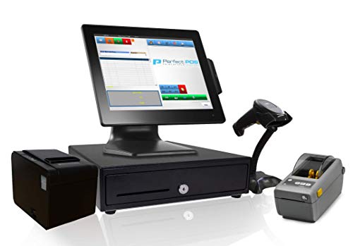 Retail Point of Sale System - Includes Touchscreen PC, POS Software (Retail POS), Receipt Printer, Scanner, Cash Register Drawer, Credit Card Swipe Reader, and Label Printer.