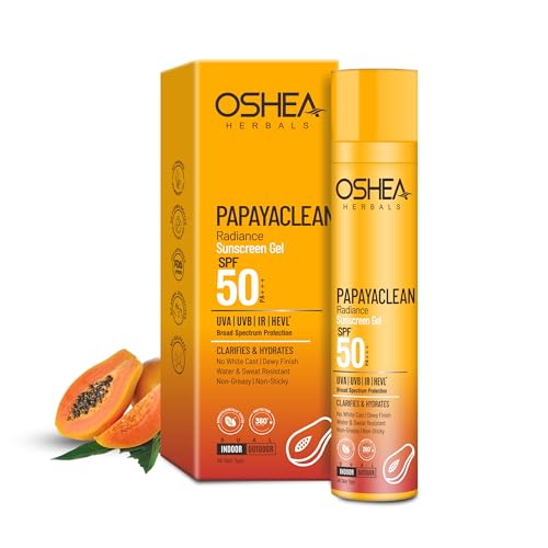 Image of Oshea Herbals Papayaclean Sunscreen Gel SPF 50 PA+++ for Women & Men | Hydrates & Protects from Sun & Pollution | Reduces Dark Spots & Premature Aging | Enriched with Niacinamide | All Skin Type 50ml
