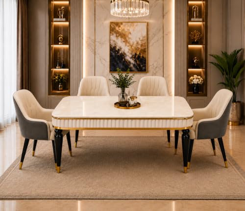 Image of 4 Seater Dining Table Set with Nano Composite Marble Top, Solid Wood Base & 4 Upholstered Chairs, Modern Dining Table Set for Home & Dining Room Furniture (Gray Cream, White Marble Top, 4 Seater)