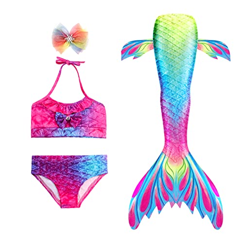 Mskseciy Mermaid Tails for Girls Swimming 3Pcs Mermaid Bathing Suit Swimsuit Princess Bikini for 3-12 Year Old (c Rainbow Mermaid, 4-5 T)