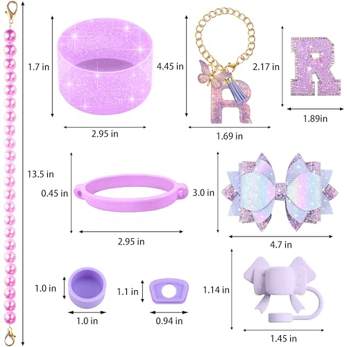 Hpebl 9PCS Purple for Stanley Cup Accessories Set Bling Initials Bow Charms for Stanley Decorations 30/40 Oz Tumbler Accessories Including Bow Straw Topper, Handle Strap, Spill Stopper（Letter R） - image 3