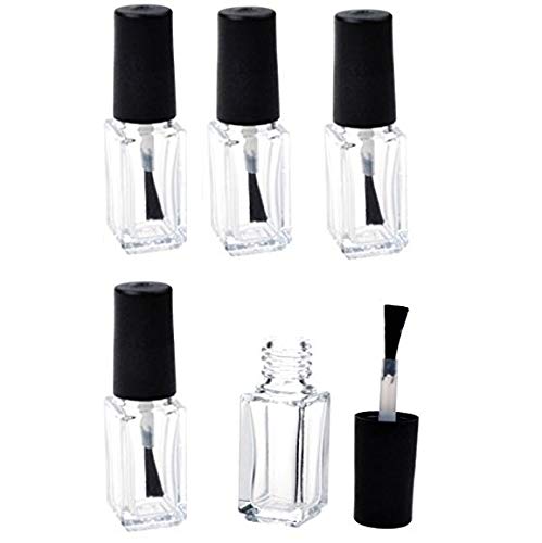 VNDEFUL 5Pcs 5ML Nail Polish Bottles Empty Glass Square Bottom Shape Nail Polish Clear Bottles with Cap and Soft Brush