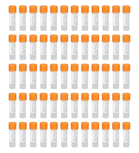 HUAZIZ 60 pcs Plástico Tubos de ensayo, 2ml Transparente,Tubo criogénico, Contenedor de Muestra, Tubo de Congelación de Laboratorio, Vial de Plástico con orange Tapa de Sellado de Tornillo