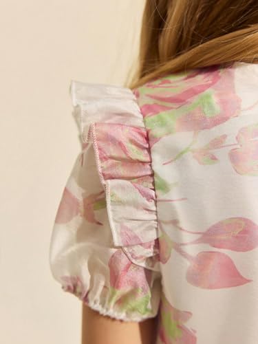 Image of TAGAS Floral Print Mesh Insert Ruffle Trim Belted Dress||Frock for Girls||Sleeve Less Dress for ||Fency Dress||(KD-144)