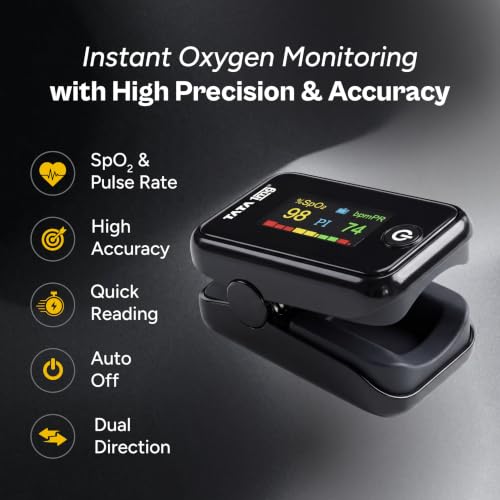 Image of Tata 1mg Fingertip Pulse Oximeter | High Accuracy SpO2 Monitor & Pulse Rate Device | OLED Display | Perfusion Index Indicator | Portable Oxygen Saturation Monitor for Adults