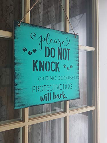 Fprqlyze Shh Please do not Knock Protective Dog Sign no Soliciting Sign Beware of Dog Owner Turquoise Aqua Distressed Rustic Dog Will bark