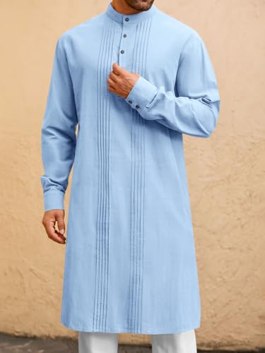 Image of Runcati Mens Kaftan Robe Button Down Long Sleeve Cotton Linen Thobe Casual Muslim Gown Henley Shirt