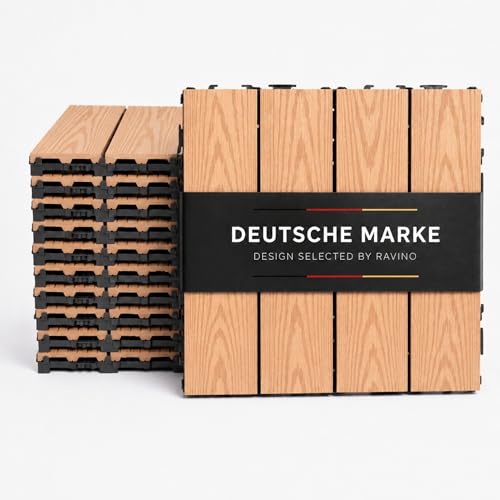 Ravino TerraKlick Designer WPC Holzoptik | 11 Stück 30x30cm 1m | WPC Klickfliesen Balkon Terrasse Garten | 2D Holzmaserung Warme Holztöne | Balkonfliesen Klicksystem Wetterfest | Terrassenfliesen