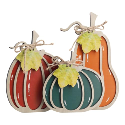 OYEFLY Fall Decor,Fall Thanksgiving Decorations for Home,3Pcs Wooden Autumn Pumpkin Fall Decorations (Orange,Green,Red)