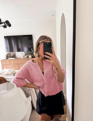 Image of Sumleno Womens Ribbed Knit Cardigan Y2k Crop Top Short Sleeve Button Down Open Front Sweater Loose Casual Cardigan