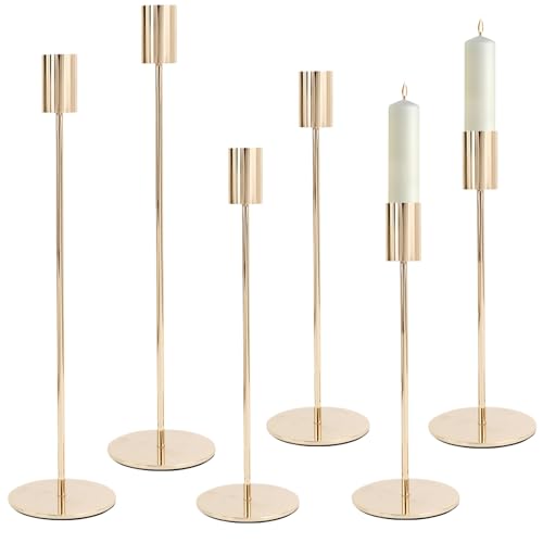 6Pcs Candelabro Dorado 32/27/22cm para Velas 2.2cm, Candelabros Decorativo Metal Alto Estilo Retro, Decoración Portavelas Oro Vintage para Bodas, Cumpleaños, Casa Hogar Comedor, Fiestas, Cenas,Navidad