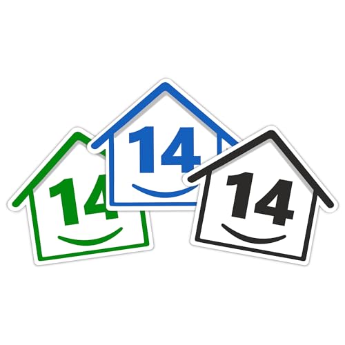 3 x Bin Numbers for Wheelie Bins 1-99 15cm Happy House Colour Design Dustbin Stickers Easy Application Stick On Number Stickers - Weatherproof Self Adhesive Vinyl Blue Black and Green (14)
