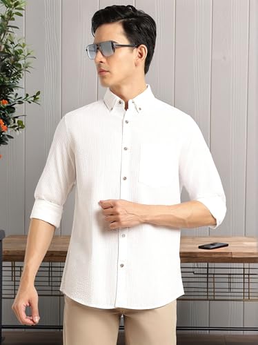 Image of Thomas Scott Men's | Slim Fit | Striped Design | Button-Down Collar | 100% Cotton Casual Shirt for Mens