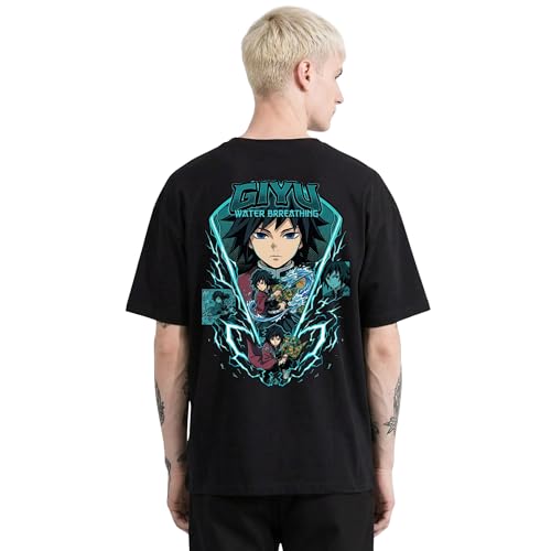 Image of Anime Printed T Shirt for Men | Demons Slayer Giyu Graphic Cotton Oversized Drop Shoulder | Black Round Neck Short Sleeve | Lightweight Casual Wear