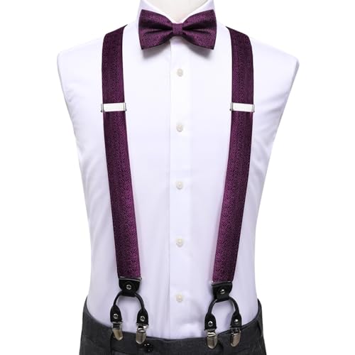 Image of Hi-Tie Men Suspender Bowtie Set Suspenders Pre-tied Bow Tie Pocket Square Cufflinks Adjustable Y Shape 6 Clips Braces Tuxedo