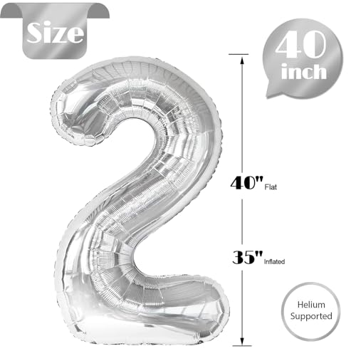 Image of Silver 2 Balloon, Number Balloons 40 Inch, 2nd Balloon Number Birthday Decorations, Two Second Birthday Party Supplies, Number 2 Balloon