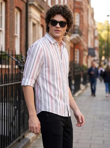 Image of IndoPrimo Men's White Striped Slim Fit Casual Shirt | Premium Cotton Full Sleeve Button-Down Shirt with Chest Pocket | Stylish Office