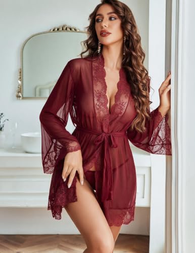 Image of Avidlove Women Lace Kimono Robe Sexy Lingerie Mesh Chemise Cover Up Sets