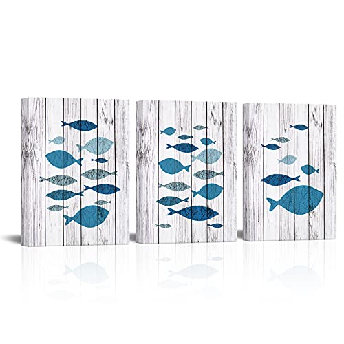 Feifanmei Blue Tropical Fish Canvas Wall Art Abstract Sea Life Picture Coastal Painting Modern Ocean Theme Wall Decor For Home Wall Decoration Framed Ready To Hang Size 12"X16"X3 #TOP28