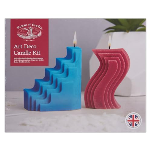 House Of Crafts Art Deco - Juego de velas para 4 velas aromáticas (2 moldes, cera de soja de 380 g, mechas de vela, aroma vainilla, cereza y pigmento de pavo real