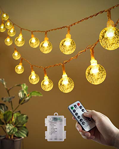 Guirnalda Luces Pilas, 10M 80LED Luces Decorativas Habitacion con remoto Bola de cristal impermeable decorativa Interior al aire libre para dormitorio Navidad Jardín Decking Patio(blanco cálido)