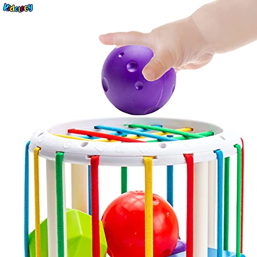 Image of Kidology Baby Cylindrical Shape Sorting Toy | Montessori Sensory Toys with 6 Blocks Colorful Cube | Shape Sorting Bin with Elastic Bands Fine Motor Skill Early Learning Preschool Educational