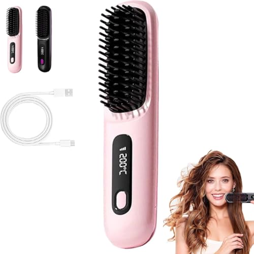 Glow Wave Brosse chauffante Glow Wave 2026 pour cheveux courts, chargement USB, 3 réglages de chaleur et écran LED pour voyage et coiffage sans frisottis (rose)