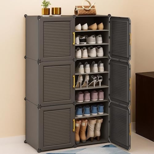 Image of Mevigo 18-Shelf Portable Shoe Rack for Home Plastic Shelves Household, DIY Shoe Rack Box with Door, Foldable Shoe Storage Stand with Dustproof Entryway for Heels /Slippers /Boots- Grey
