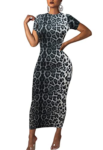 Image of Women's Long Bodycon Dresses Leopard Print Casual Maxi Club Party Tight Dress Short Sleeve