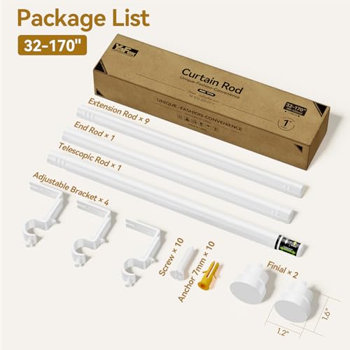 Image of YaFex Curtain Rods 32-170 Inch, Heavy Duty 1 Inch Adjustable Curtain Rod for Windows, White Extra Long Window Treatment Rods, Modern Design, Easy Installation