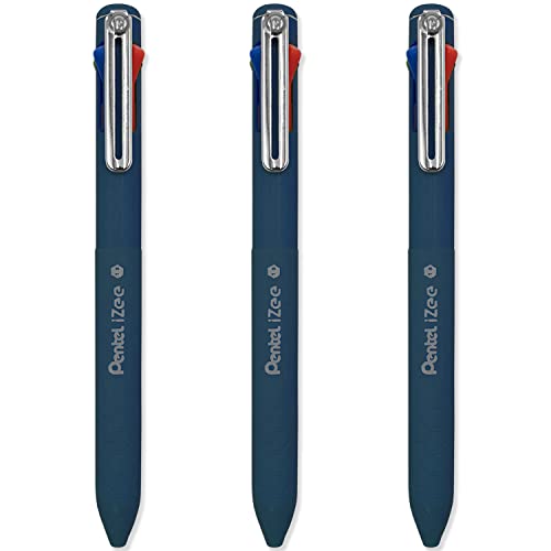 Pentel iZee 4 Colour Ballpoint Pen - Deep Blue Barrel - Multi Ink - Black Blue Red & Green Ink - Pack of 3