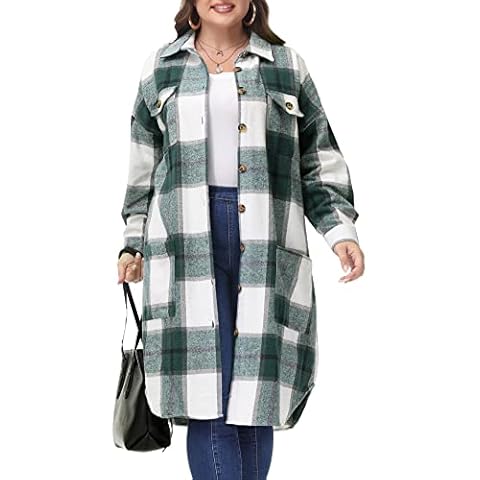 MCEDAR Women's Oversized Long Plaid Shacket Jacket Casual Lapel Long Sleeve Button Down Plus Size Flannel Shirt OOTD99808-H4X Cover